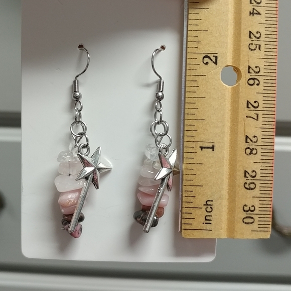 Wand Earrings Natural Gemstone Rose Quartz Rhodonite Pink Opal Crystal Chip Bead - Picture 8 of 10
